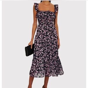 Floral Black and Pink Midi Dress